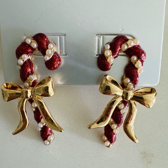 Target Sugarfix Baublebar Red Pearl Bow Candy Cane Holiday Earrings Nickel Free - Picture 3 of 6